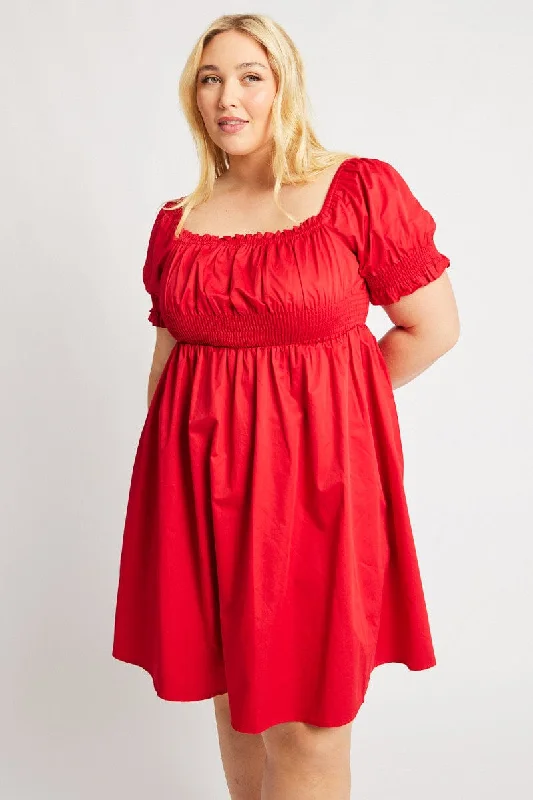 ruffled sundress-Red Shirred Waist Cotton Poplin Minidress