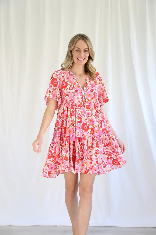 denim overall dress-Salty Bright Arabella Pink Red Floral Mini Dress