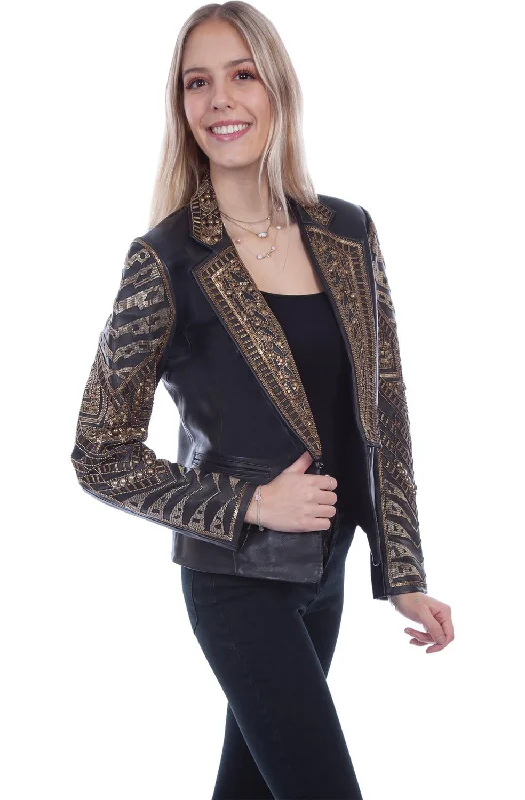 olive green evening dress-Scully Womens Black Lamb Leather Beaded Blazer Jacket