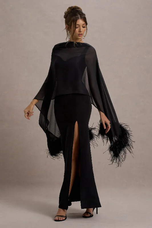 vintage cocktail dress-Swoon | Black Chiffon Feather-Trim Shawl