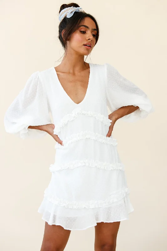 purple sundress-Tabitha Balloon Sleeve Loose Fit Frill Detail Dress White