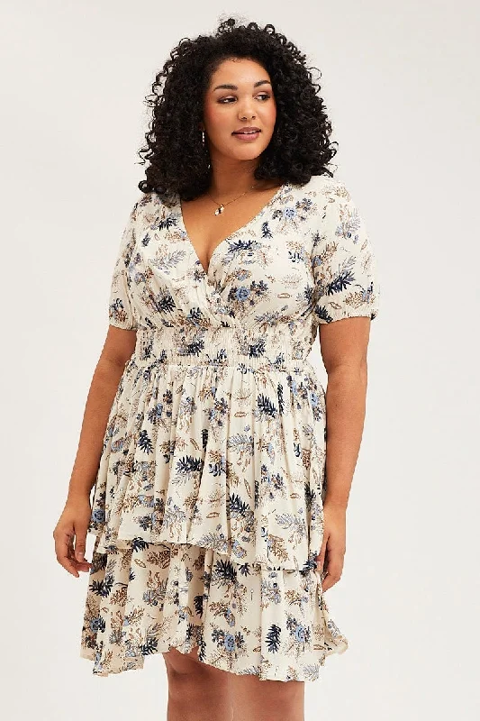 casual cocktail dress-Trop Print Skater Dress V-neck Short Sleeve