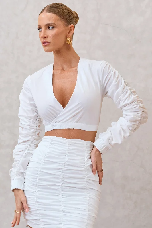 peplum evening dress-Sundown | White Ruched Sleeve Wrap Detail Cropped Shirt