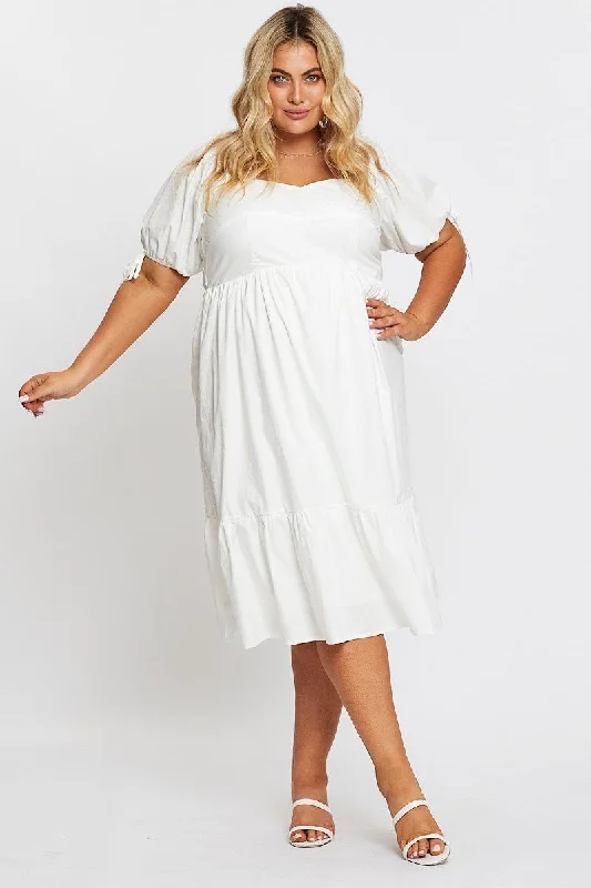 mermaid evening dress-White Short Puff Sleeve Bust Detail Dress