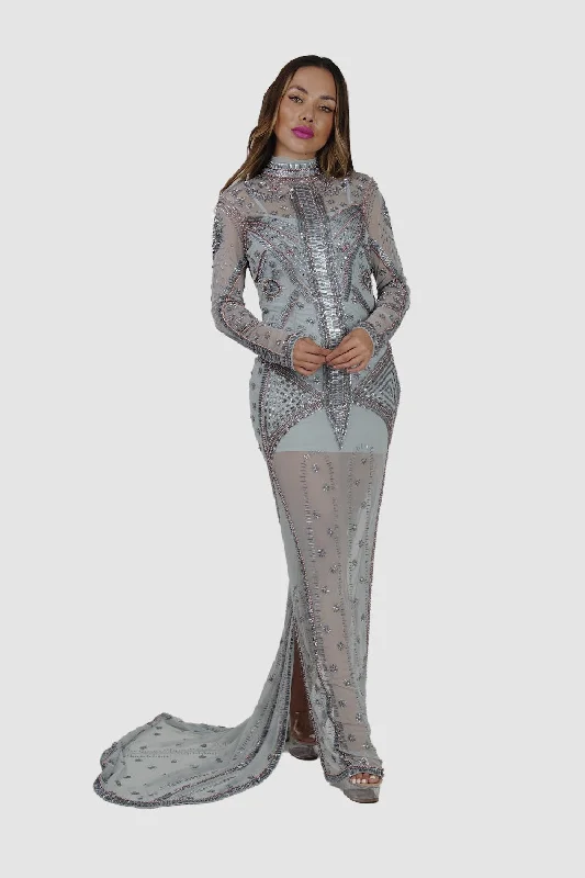 sheer sleeve cocktail dress-Silver Long Beaded Dress