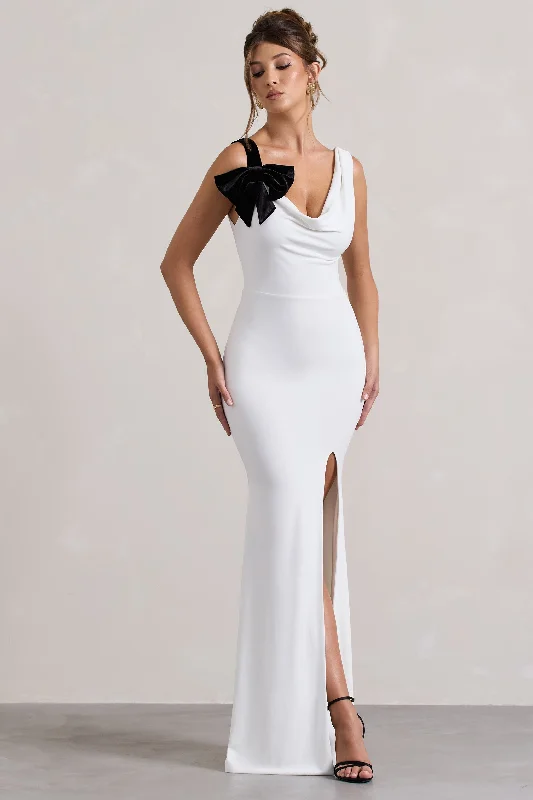 halter sundress-A Catch | White Cowl-Neck Fishtail Split Maxi Dress With Bow