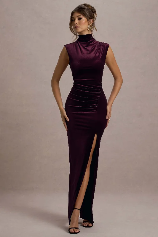 leather mini dress-Abilene | Port Velvet High-Neck Split Maxi Dress