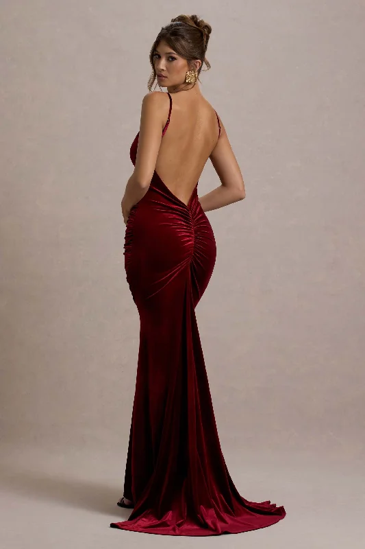 satin slip dress-Adele | Berry Velvet Ruched Strappy Fishtail Maxi Dress