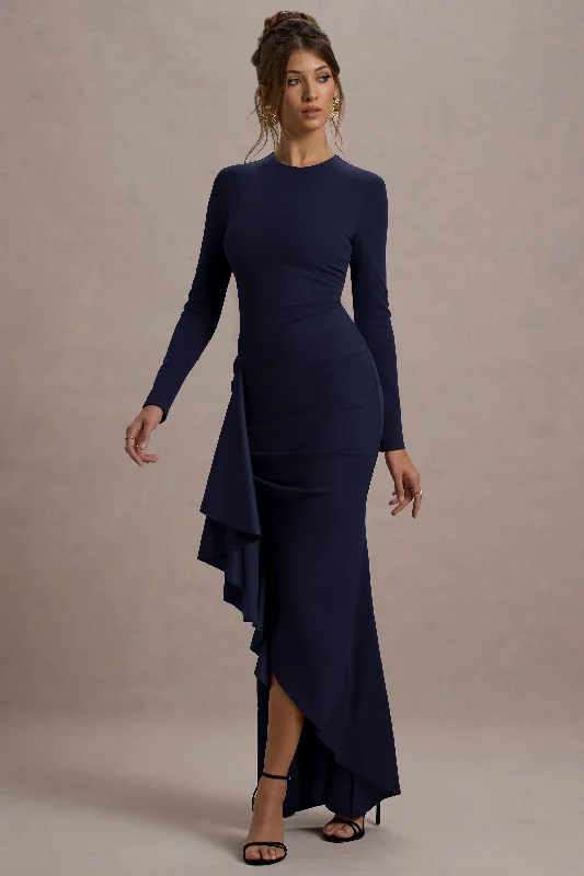 beige cotton dress-Alayna | Navy Long-Sleeve Maxi Dress With Ruffled Split