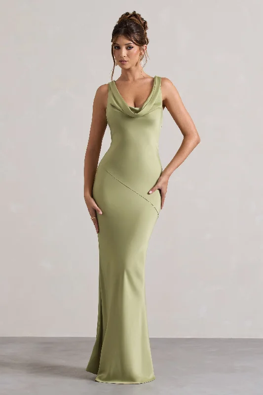 gold sequin dress-Alesso | Light Olive Satin Cowl-Neck Maxi Dress