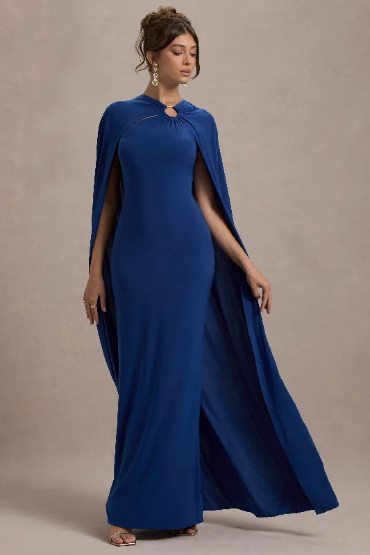 tiered midi dress-Aliza | Royal Blue Cape Maxi Dress With Gold Ring