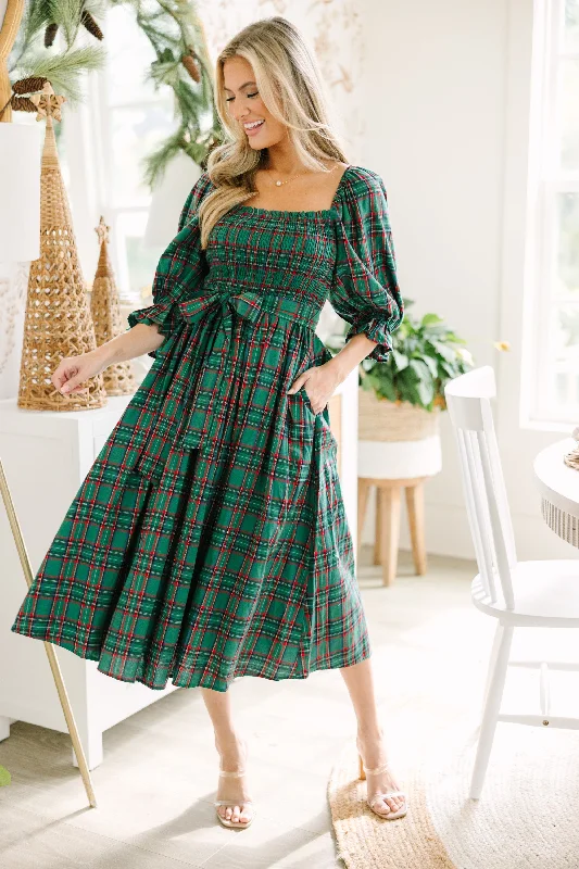 sapphire blue dress-All I Want Green Tartan Plaid Midi Dress