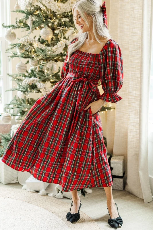 champagne evening dress-All I Want Red Tartan Plaid Midi Dress