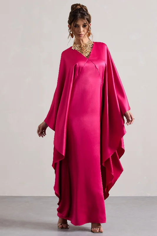 mustard yellow dress-Alohi | Hot Pink Satin Plunge Cape Maxi Dress