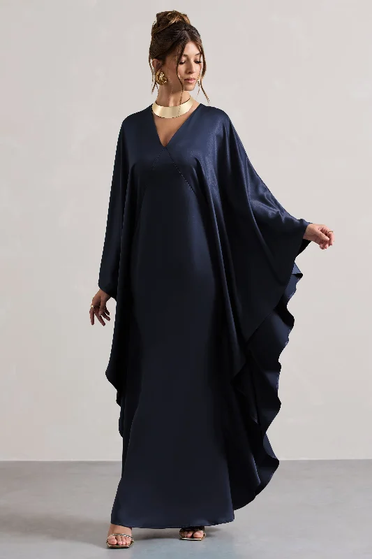 teal prom dress-Alohi | Navy Satin Plunge Cape Maxi Dress