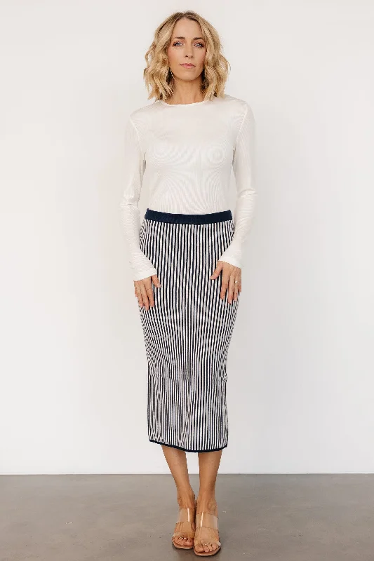 peplum party dress-Alonso Knit Midi Skirt | Navy Stripe