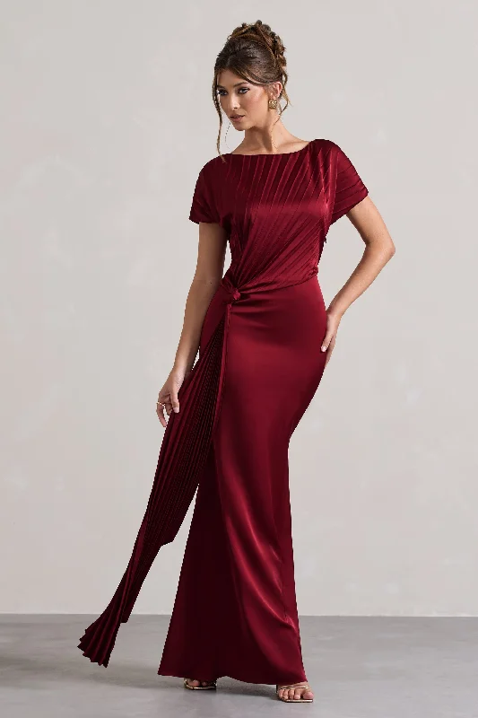 ruby red cocktail dress-Ambrosia | Berry Satin Pleated Maxi Dress With Drape