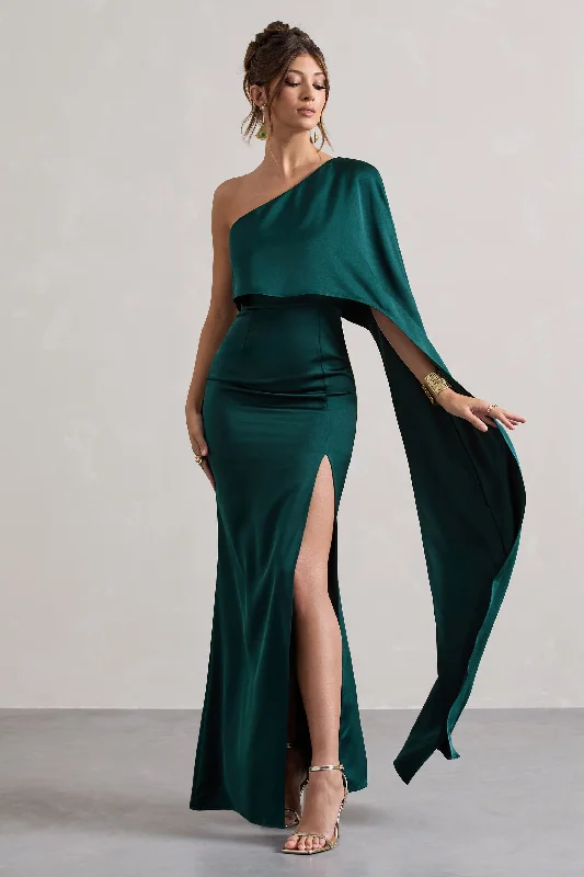 knit evening dress-Amora | Bottle Green Satin Asymmetric Cape-Sleeve Split Maxi Dress