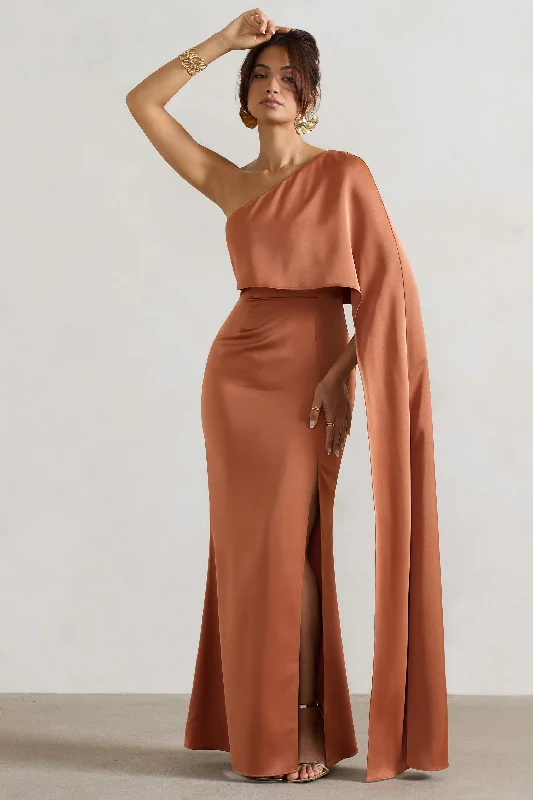 one shoulder cocktail dress-Amora | Rust Satin Asymmetric Cape-Sleeve Split Maxi Dress