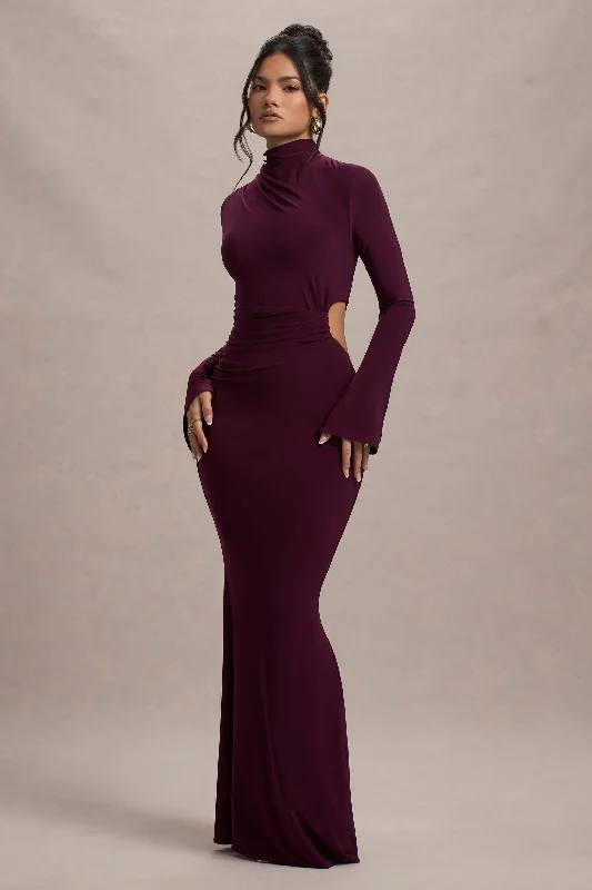 navy blue cocktail dress-Anderson | Burgundy High-Neck Cut-Out Maxi Dress