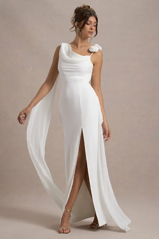 champagne prom dress-Angeline | White Chiffon Draped Split Maxi Dress With Corsages