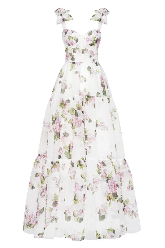 beige cotton dress-Apple Blossom Tender floral maxi tie-strap dress