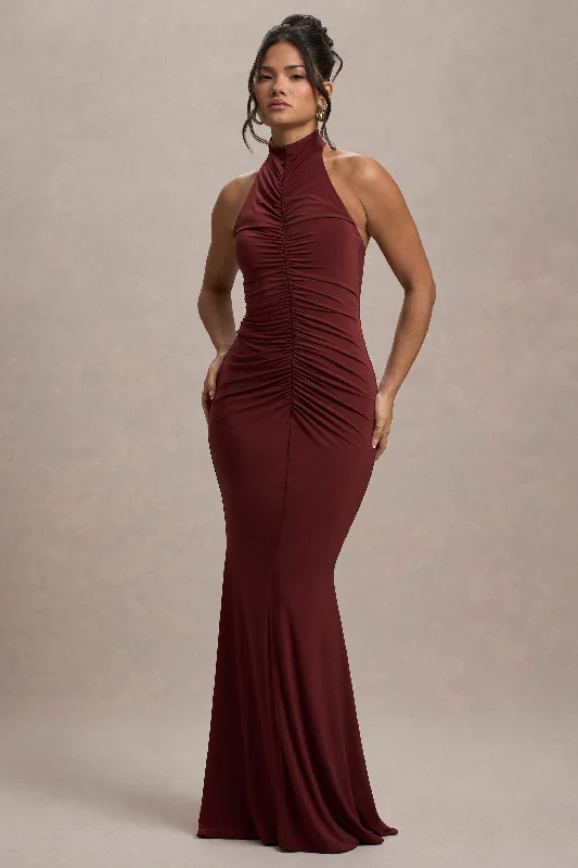 casual satin dress-Arietta | Port High-Neck Ruched Fishtail Maxi Dress