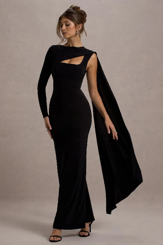 asymmetrical cocktail dress-Ashini | Black One-Sleeve Maxi Dress With Cape