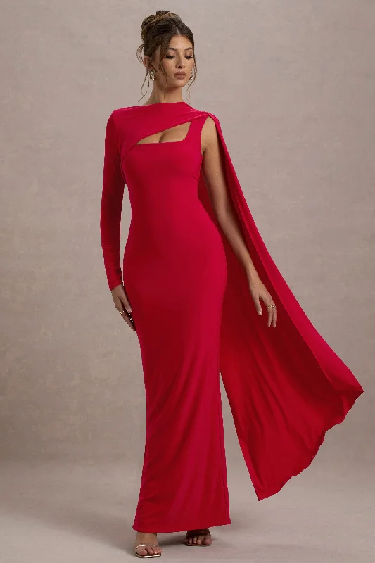 high low sundress-Ashini | Red One-Sleeve Maxi Dress With Cape