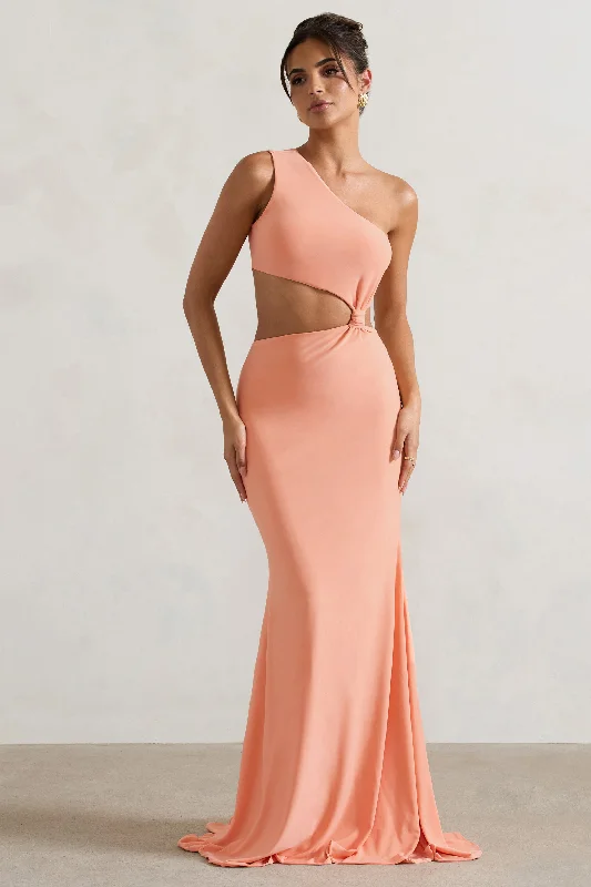 burgundy evening dress-Aspyn | Coral Asymmetric Twisted Cut-Out Fishtail Maxi Dress