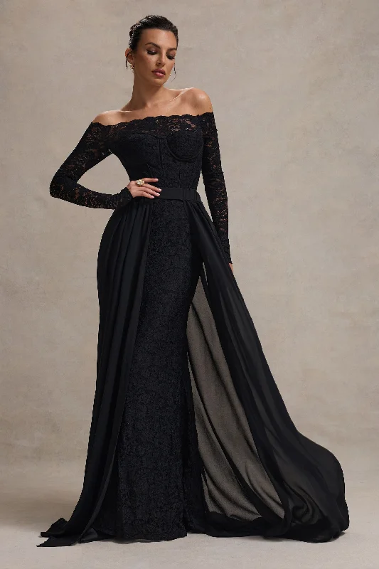 glitter evening dress-Astoria | Black Lace Bardot Maxi Dress With Chiffon Skirt