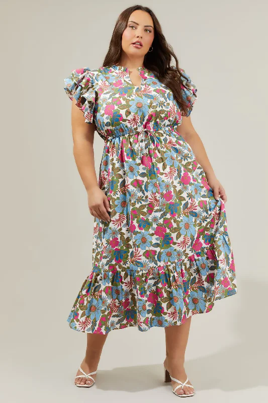 backless cocktail dress-Avitall Floral Dillan Midi Ruffle Dress Curve