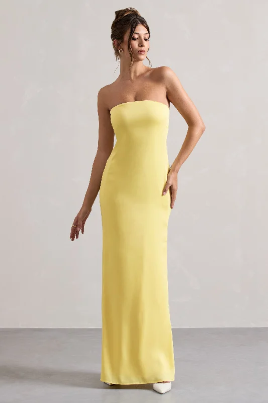 party sequin dress-Azra | Lemon Satin Bandeau Maxi Dress