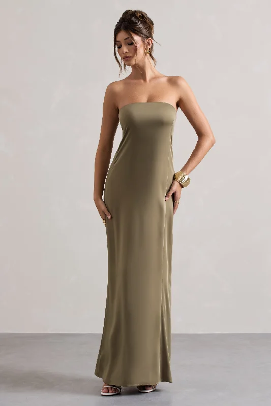 casual denim dress-Azra | Olive Satin Bandeau Maxi Dress