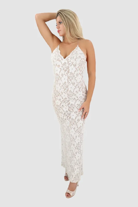 lace overlay prom dress-Magda White Long Dress