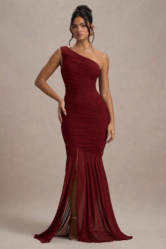 A-line summer dress-Bastia | Burgundy Ruched Mesh Asymmetric Maxi Dress