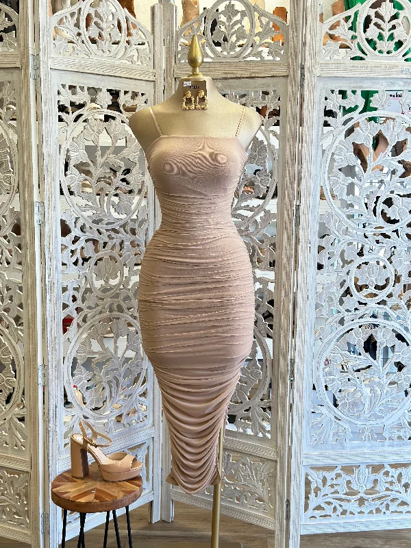 gold prom dress-Beige Midi Ruched Dress