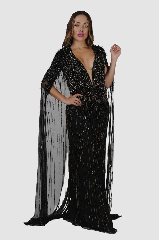 vintage satin dress-Black/Gold Cape Long Dress