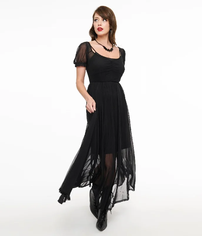 champagne evening dress-Foxblood Black Sheer Mesh Lily Maxi Dress