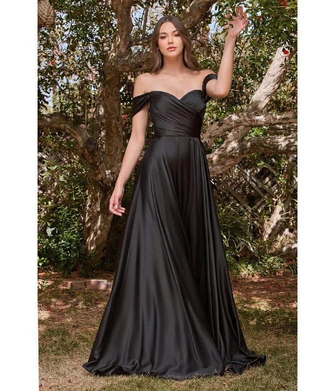 champagne sundress-Cinderella Divine Black Satin Off The Shoulder Bridesmaid Gown