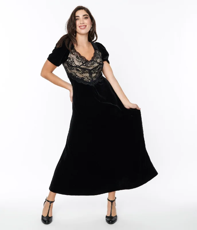 floral cocktail dress-Black Velvet & Cream Lace Maxi Dress