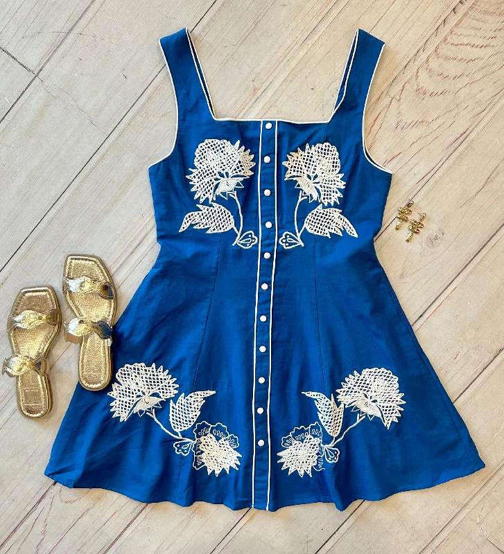 asymmetrical hem dress-Blue Embroidered Mini Dress