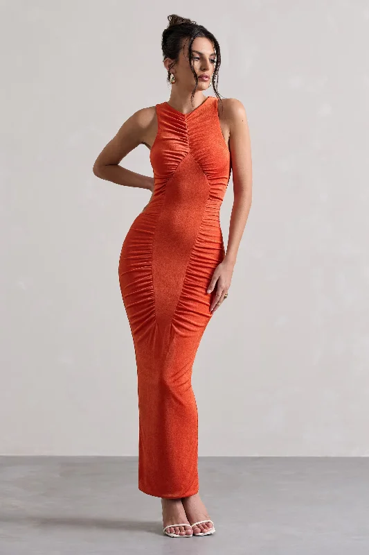 boho maxi dress-Bombshell | Orange High Neck Diamond Ruched Maxi Dress