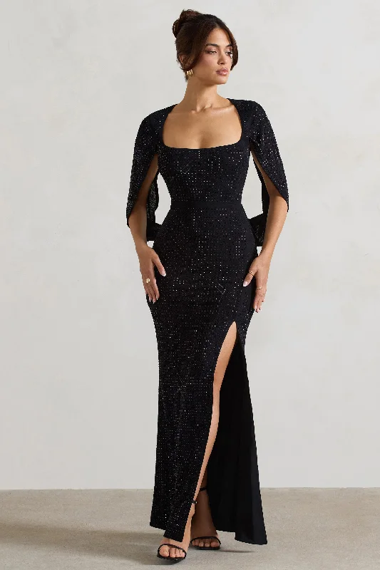 embroidered midi dress-Broadway | Black Embellished Fishtail Maxi Dress With Cape Sleeves