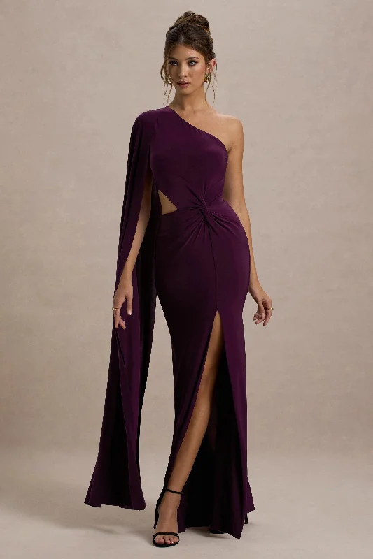 flared cocktail dress-Brona | Plum One-Shoulder Cape-Sleeve Split Maxi Dress