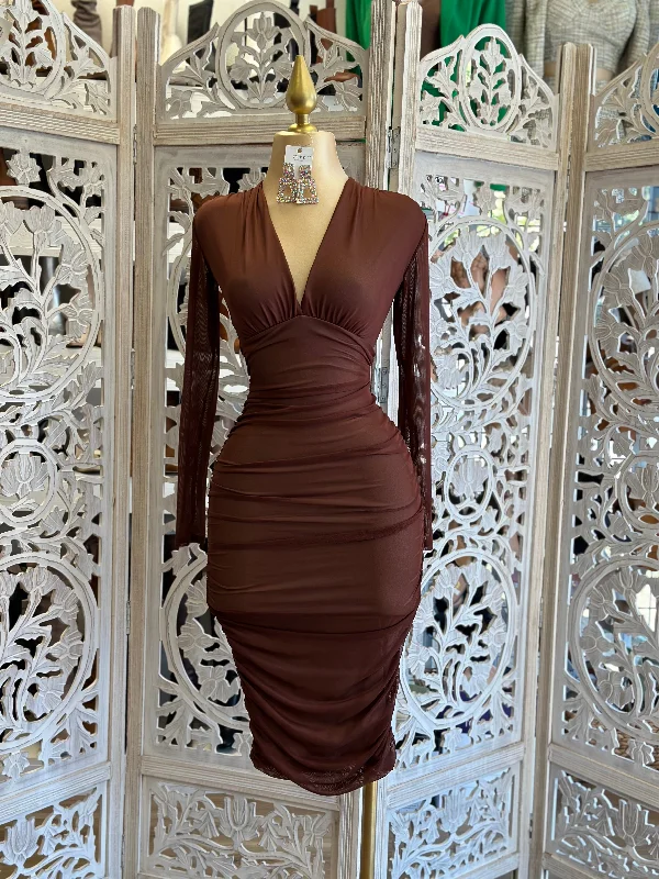 knit evening dress-Brown Crossed Mesh Midi Dress