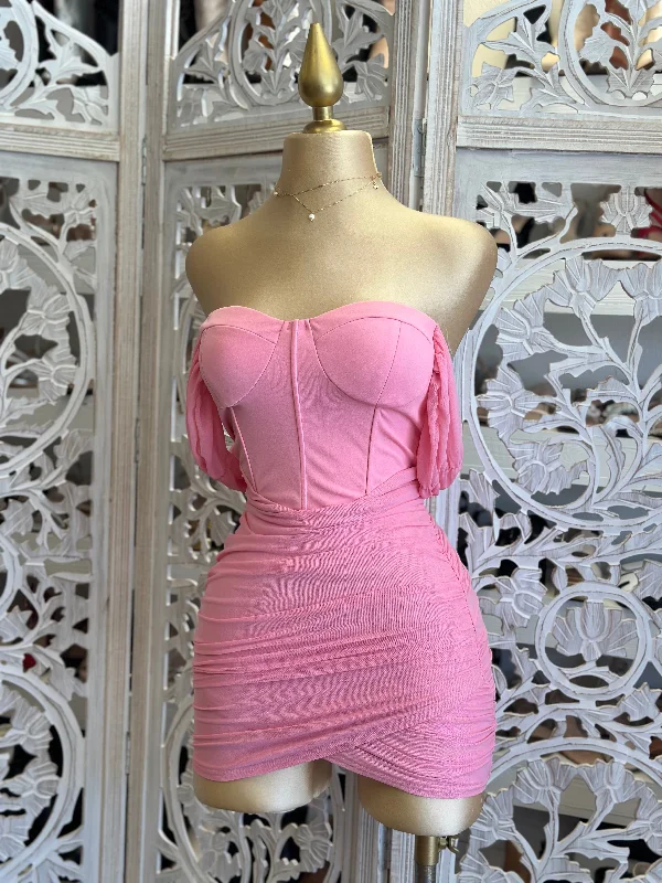 peplum evening dress-Bubble Pink Off Shoulder Ruched Mini Dress- Stretchy