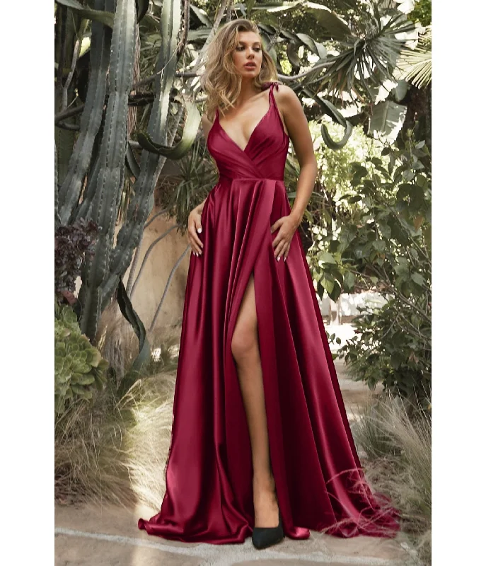 embroidered prom dress-Cinderella Divine  Burgundy Flowy Satin A-Line Bridesmaid Gown