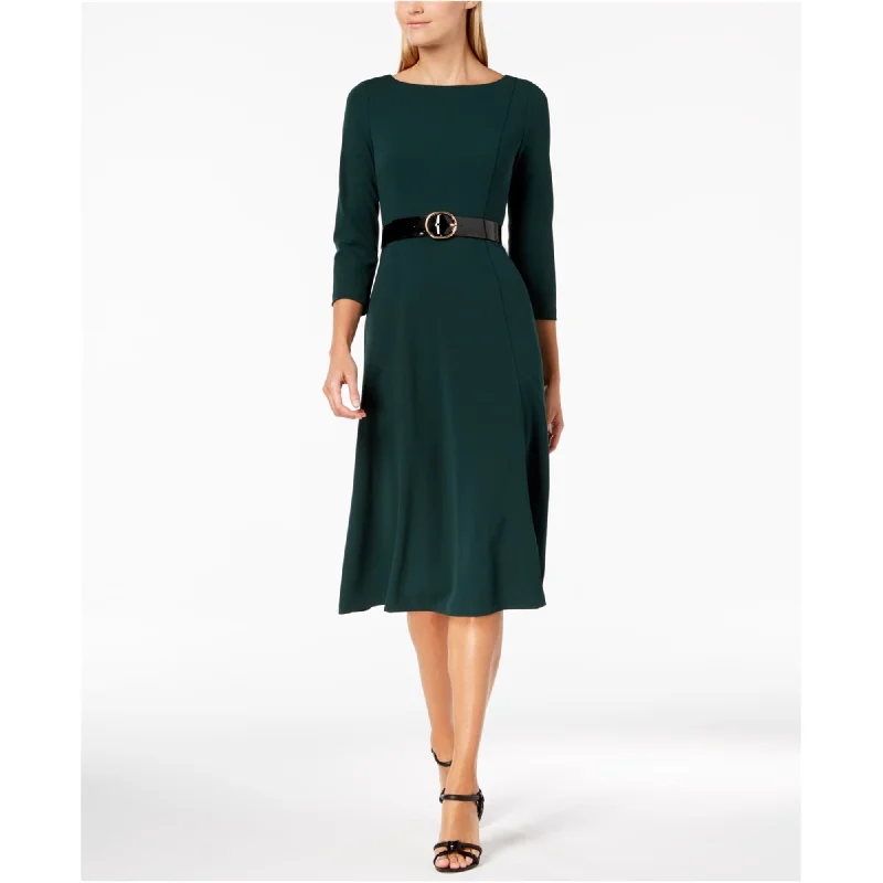 peplum cocktail dress-Calvin Klein Womens Solid Belted Fit & Flare Midi Dress, Green, 2