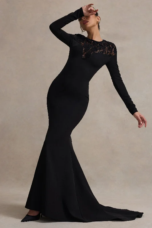 ruffled maxi dress-Campbell | Black Long-Sleeve Maxi Dress With Lace Detail